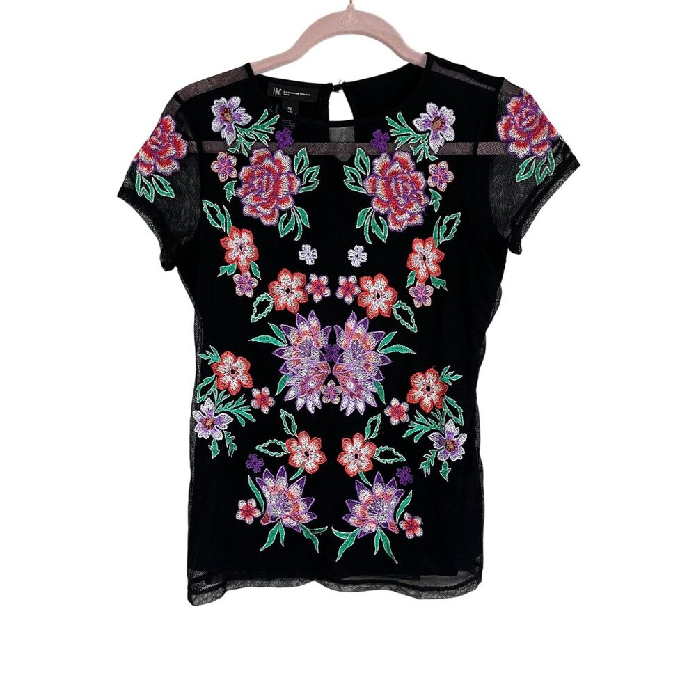 Colorful Floral Mesh Top Black PS Embroidery Cottage Feminine Festival Artsy 90s